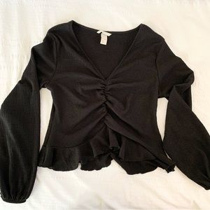 EUC H&M Black Long Sleeve Blouse, Front Scrunch and Ruffle Hem, S